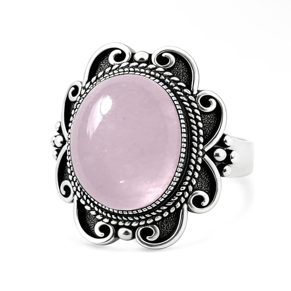 Genuine Rose Quartz Stone 925 Sterling Silver Vintage Boho Statement Chunky Ring
